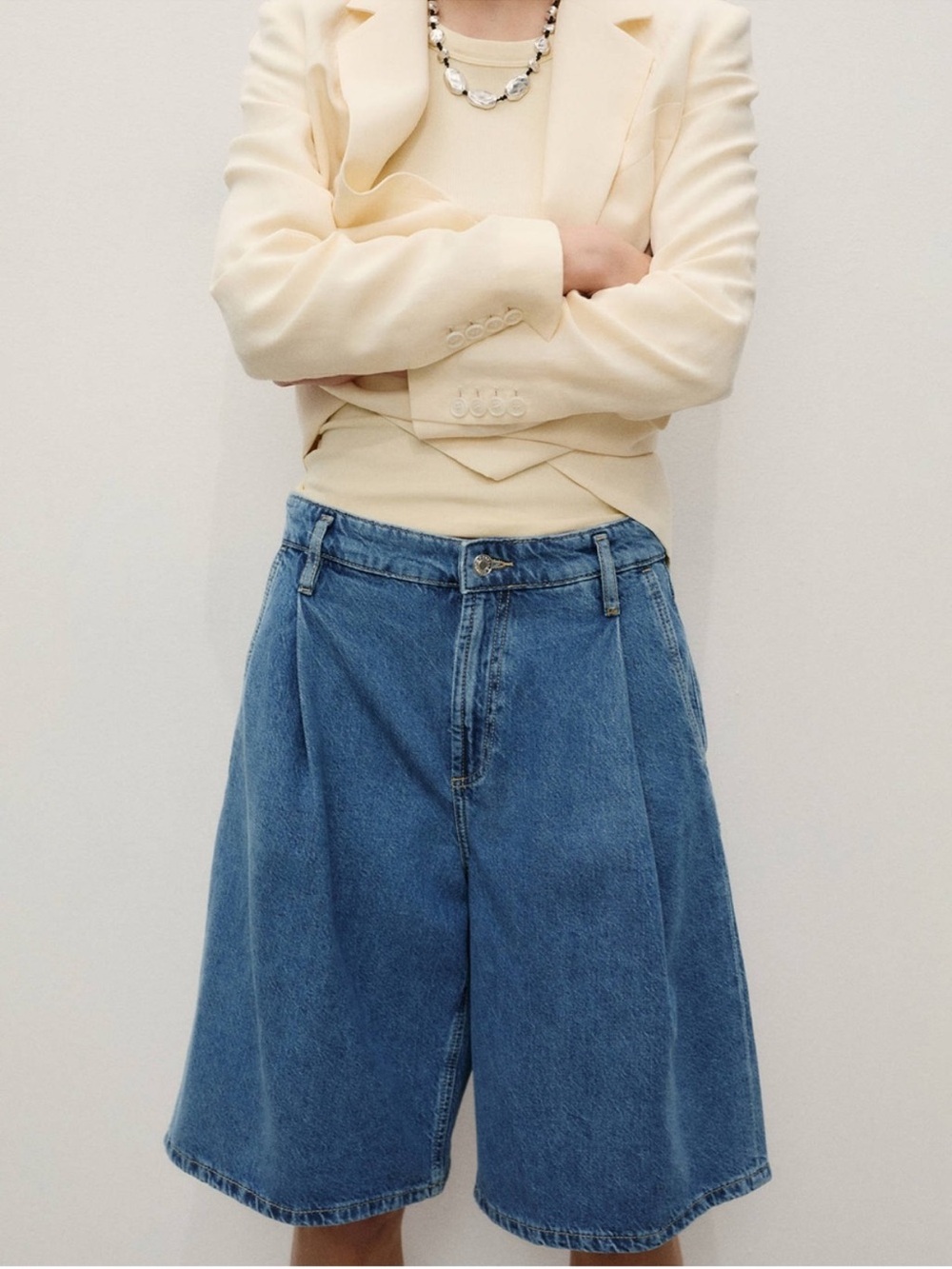 Mango Mid-Rise Pleated Denim Bermudas in Blue